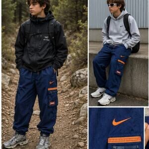 Vintage Nike Youth Cargo Track Pants Navy Orange Y2K Joggers Boys XL
